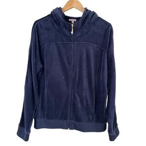 Juicy Couture Y2K Velvet Hoodie Track Jacket Bling Zipper Pull Tab Navy Blue, XL